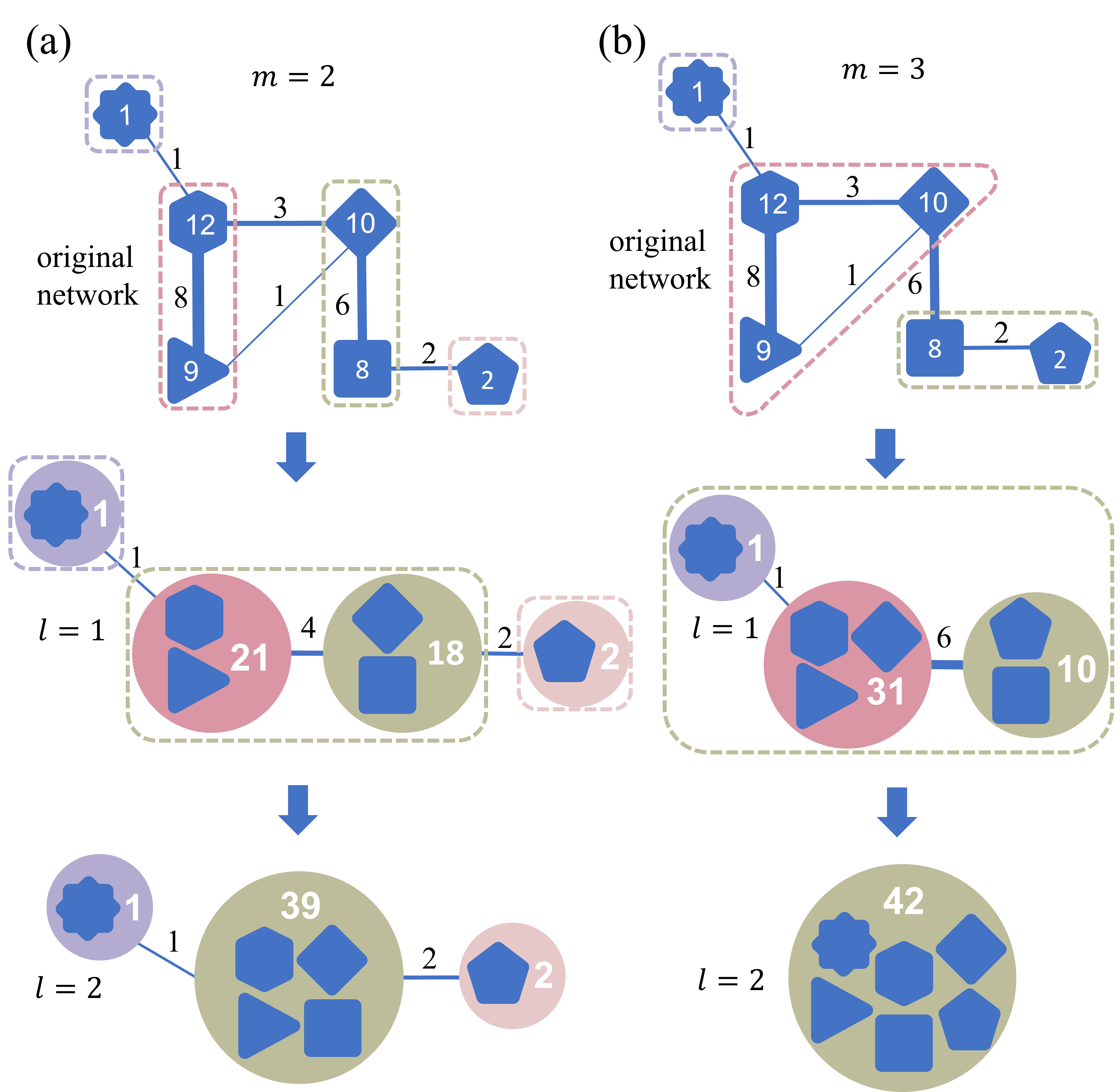 Schematic illustration of the NLBC renormalization process showing box-covering with m=2 and m=3