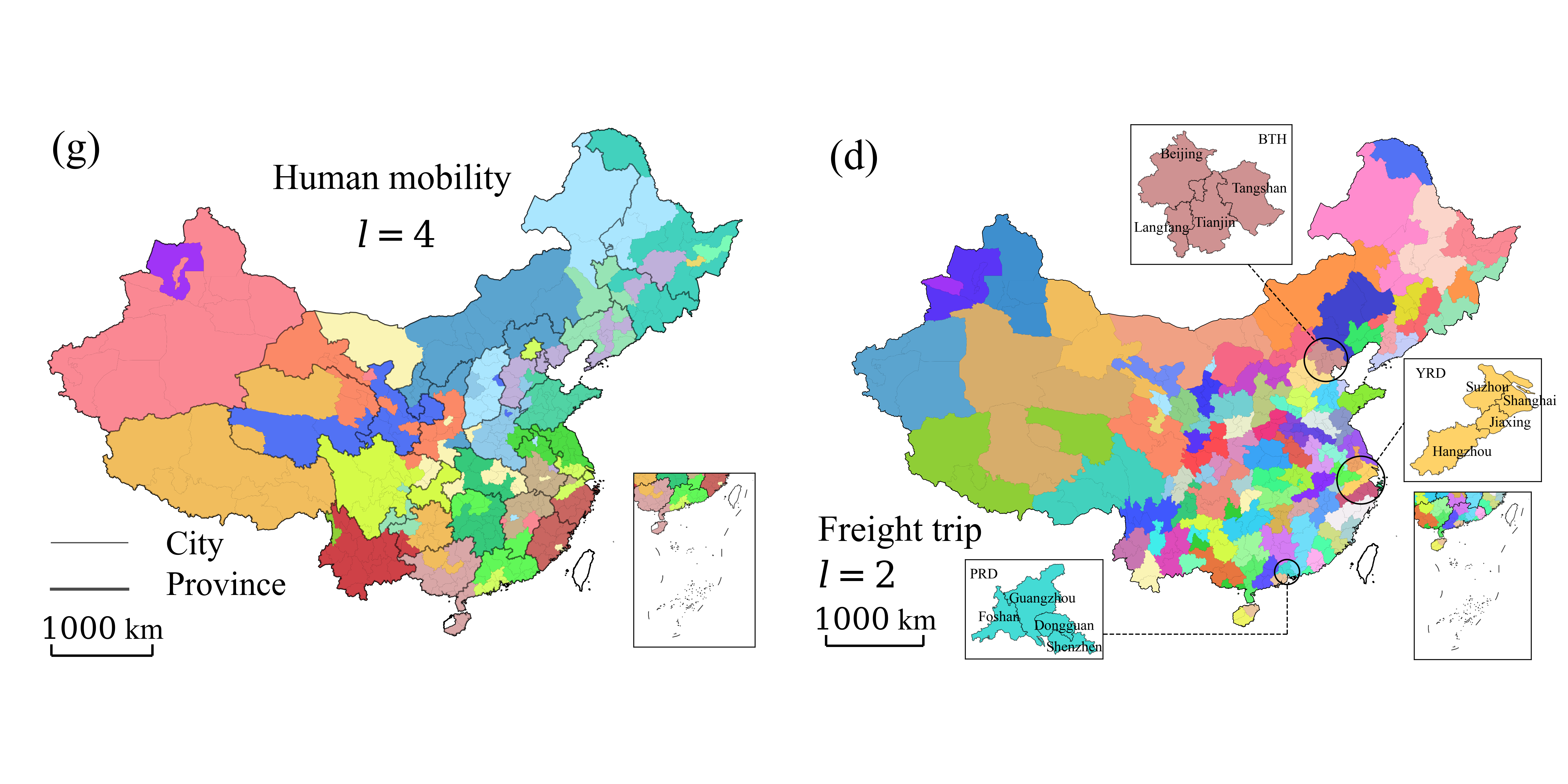 Selected geographic maps showing human mobility at layer 4 and freight trip at layer 2